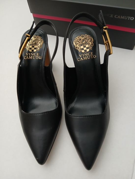 Vince Camuto Shoes - Vince Camuto Black Leather Pointed Slingback Pumps with Gold Buckles